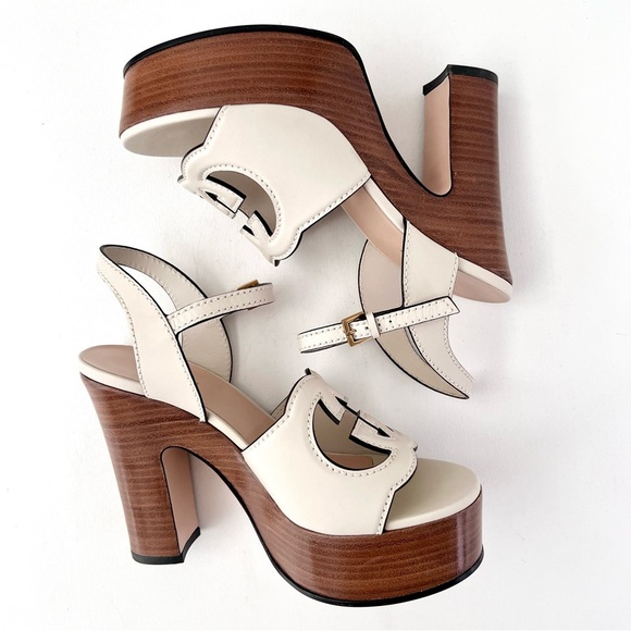 GUCCI | Interlocking GG White Chunky Platform Sandal Wood Heel Cosmos Softy 36 - Picture 8 of 13
